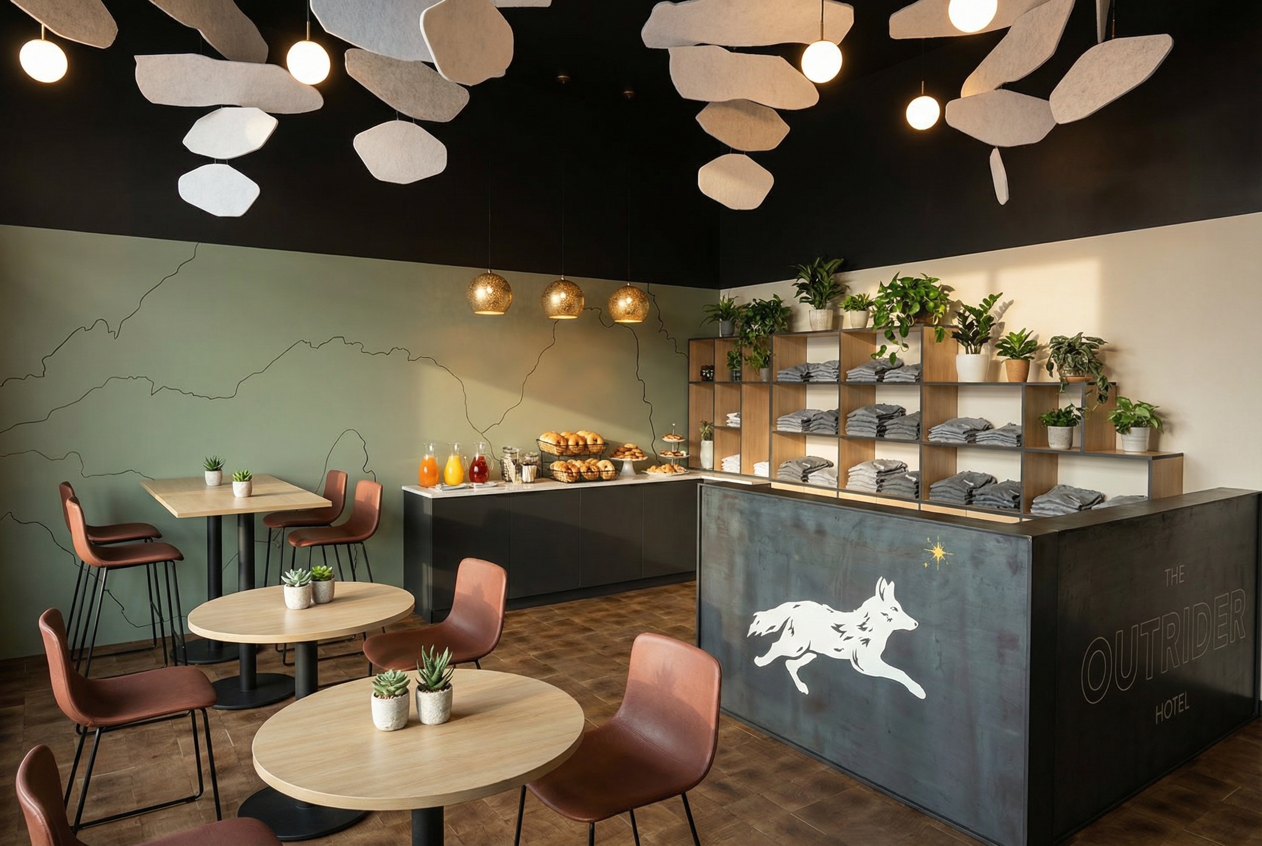 The Outrider Hotel lobby featuring branded front desk, breakfast bar, and modern mountain decor in Manitou Springs