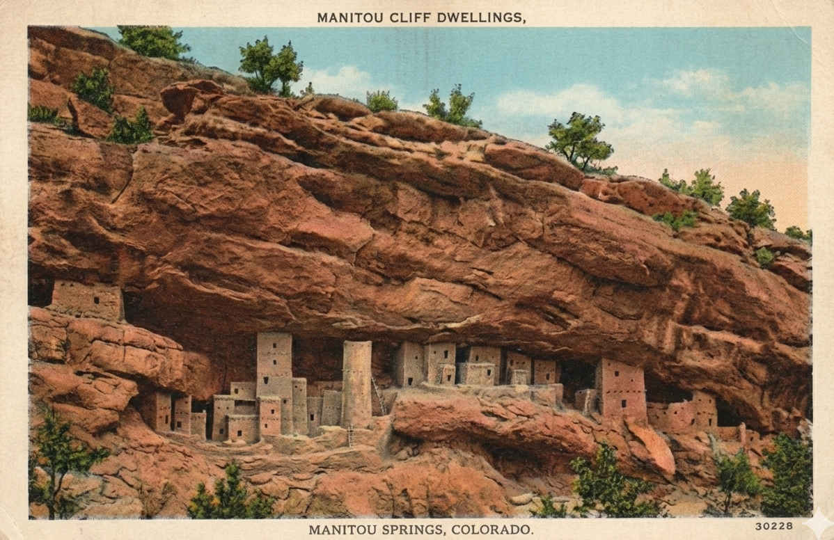 Vintage postcard of Manitou Cliff Dwellings ancient pueblo ruins nestled under sandstone overhang near Manitou Springs Colorado