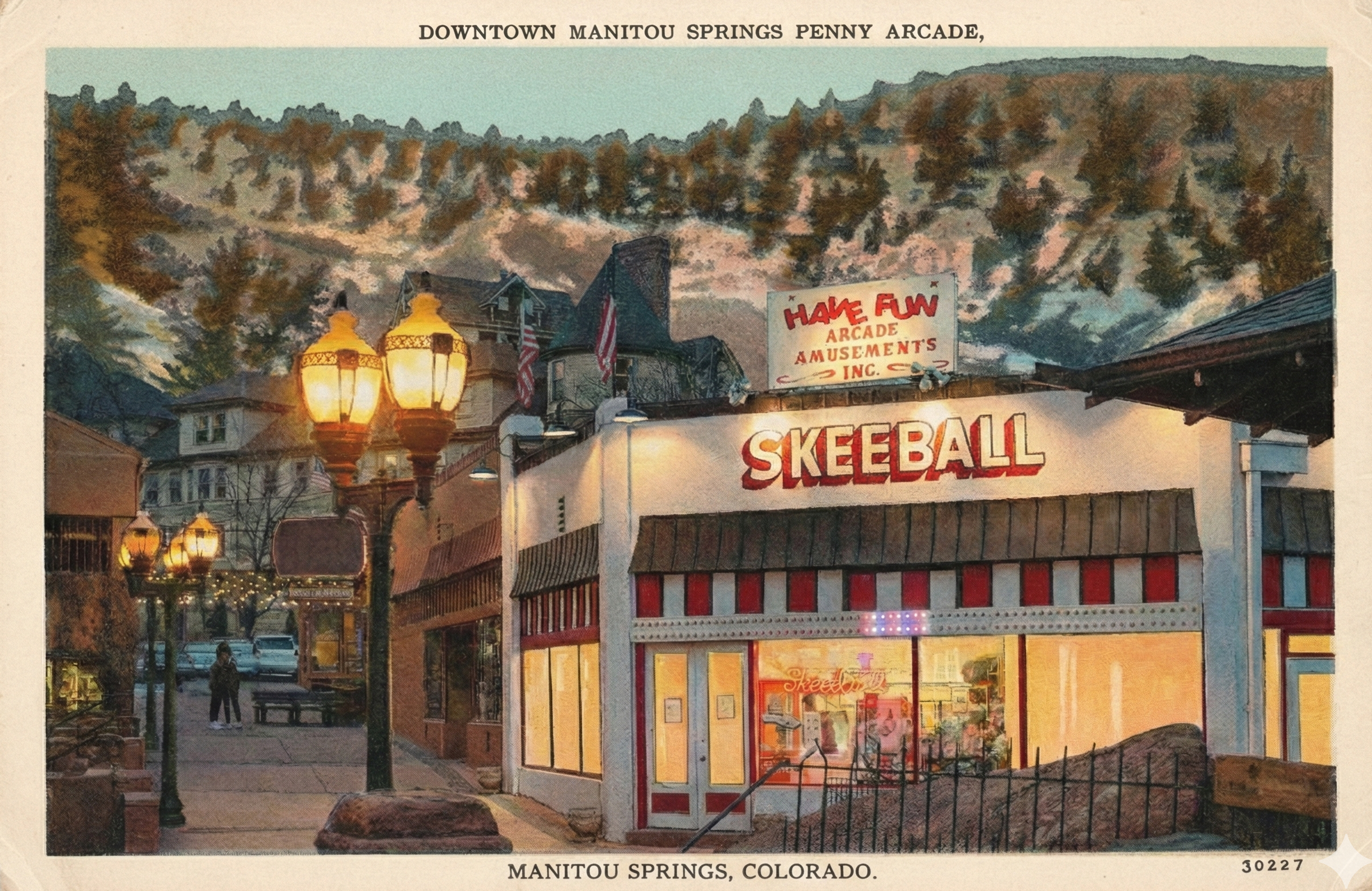 Vintage postcard of the Penny Arcade and Skeeball in downtown Manitou Springs Colorado