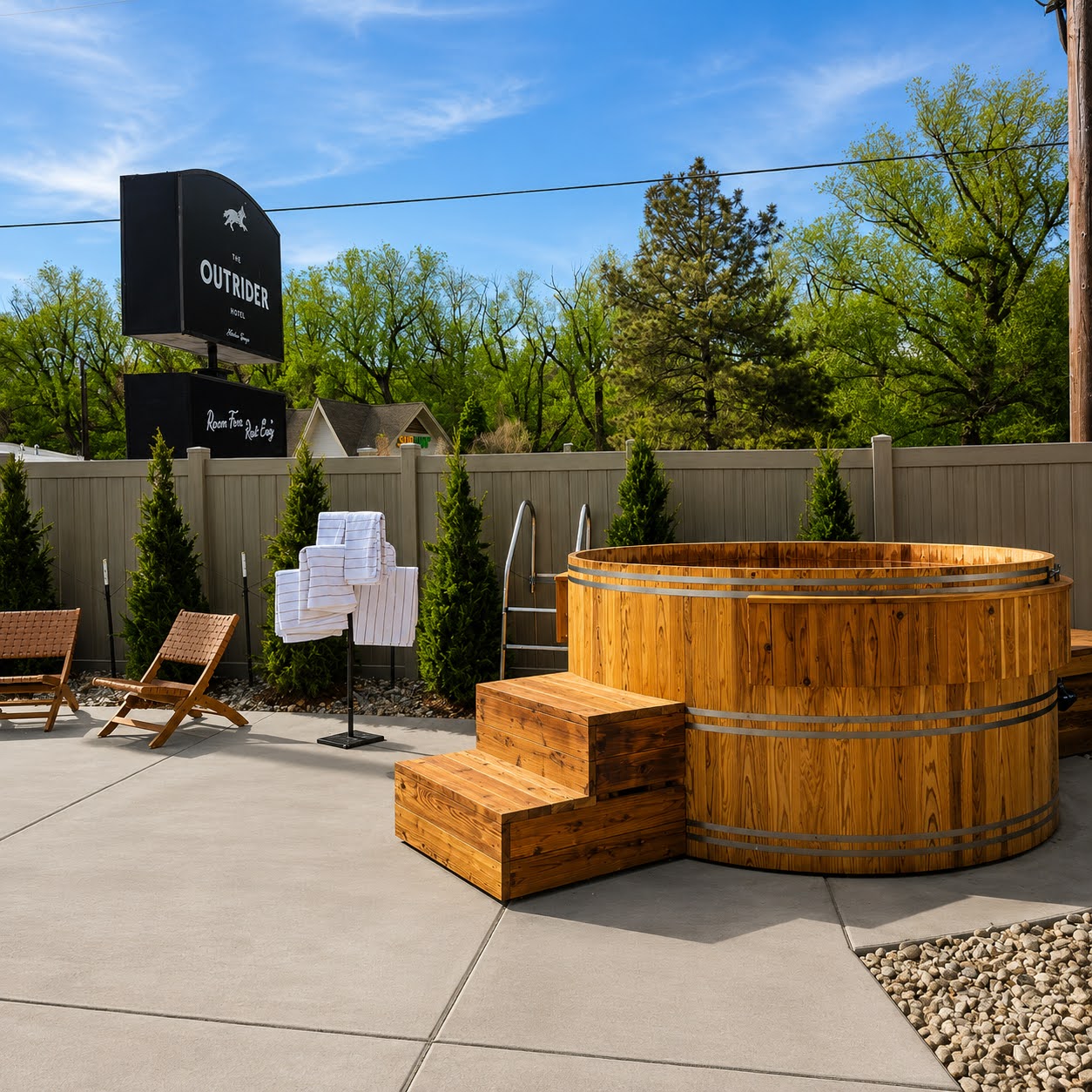 Cedar hot tub on the patio at The Outrider Hotel