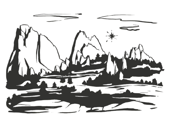 Hand-drawn illustration of Manitou Springs Colorado mountain landscape - boutique hotel location