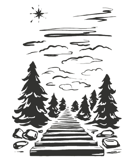 Hand-drawn illustration of Rocky Mountain forest trail near Manitou Springs hiking destinations