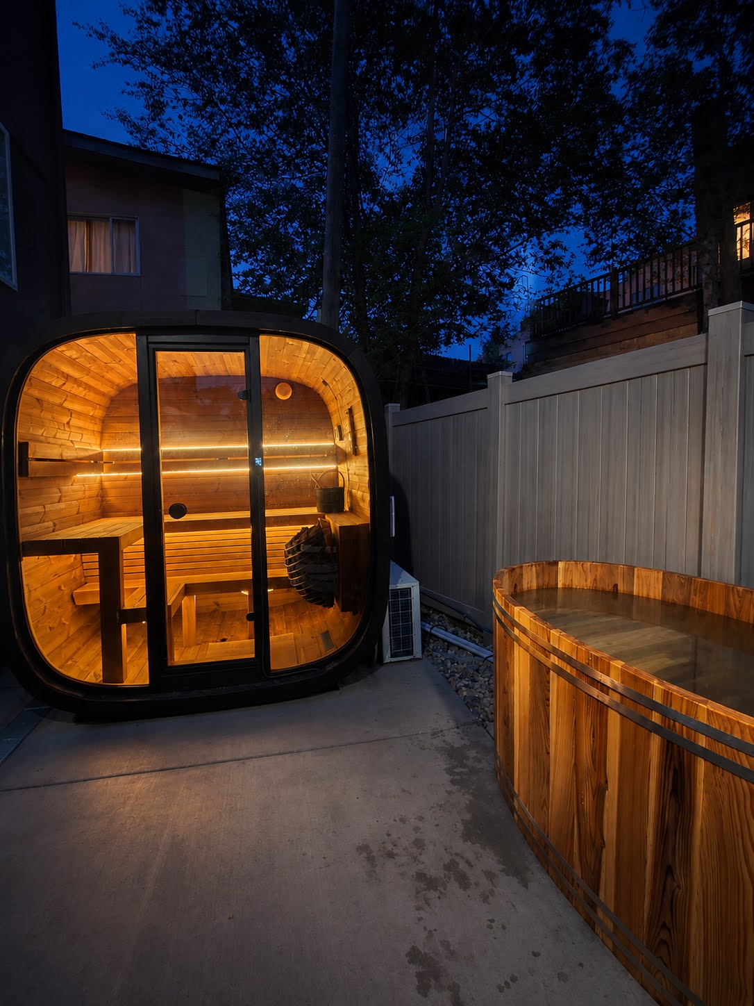 Sauna and cold plunge lit up at night at The Outrider Hotel